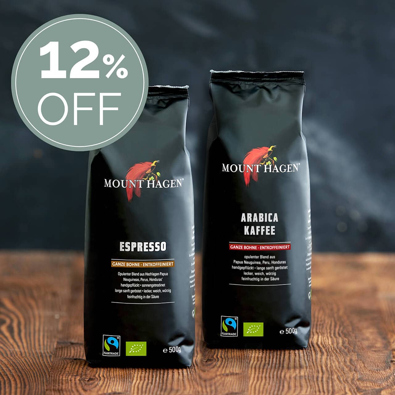 12% OFF: Das Decaf-Probierpaket, 1kg, Arabica Kaffee decaf, Espresso decaf, ganze Bohnen, bio & fair.