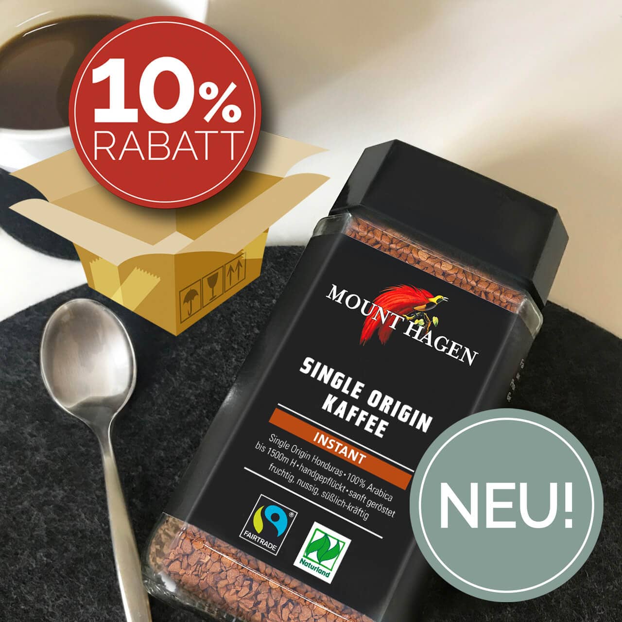 NEU! Sparpaket mit 10% Rabatt. Kräftiger Honduras-Single-Origin-Kaffee. Fruchtig, nussig, süßlich. Der Genießer-Instant im 100g-Glas.